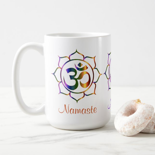Caneca De Café Namaste Aum Om & Lotus Prismatic Rainbow (Com Donut)