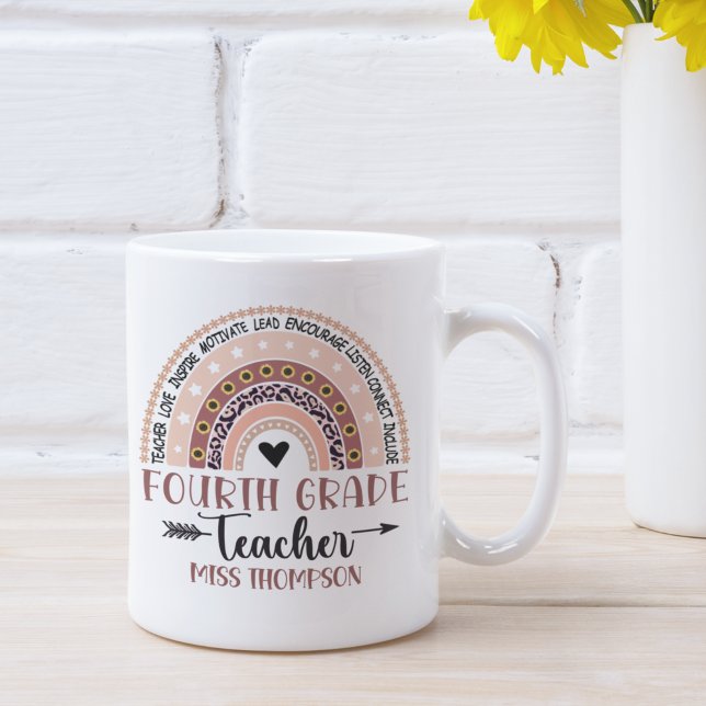 Caneca De Café Name of 4Th grade teacher, Cute Rainbow (Criador carregado)