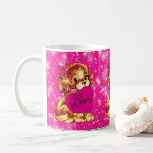 Caneca De Café Namorados de Cachorro Puppy para Estrelas Fuschia  (Com Donut)