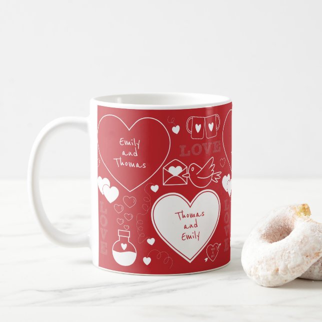 Caneca De Café Namorados Patterno Mug - Branco em Vermelho (Com Donut)