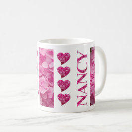 Caneca De Café "Nancy" Hidrangea Pink Letra Floral e Corações