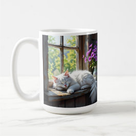 Caneca De Café Napping White Cat and Purple Flowers