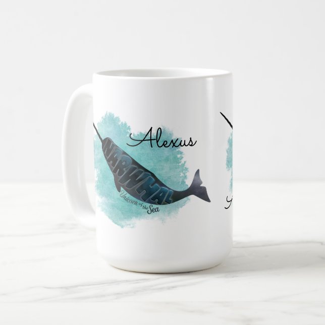 Caneca De Café Narwhon Watercolor Heart, Personalizado (Frente Esquerda)