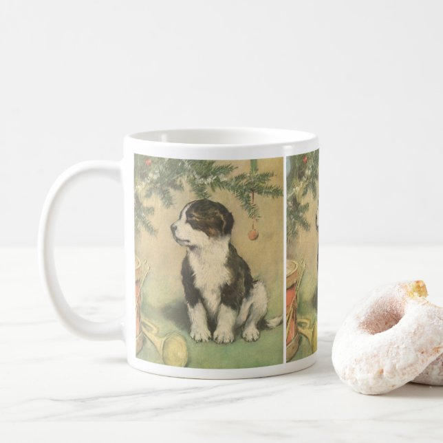 Caneca De Café Natais vintages, Cachorro Bonito Sob Árvore De Nat (Com Donut)