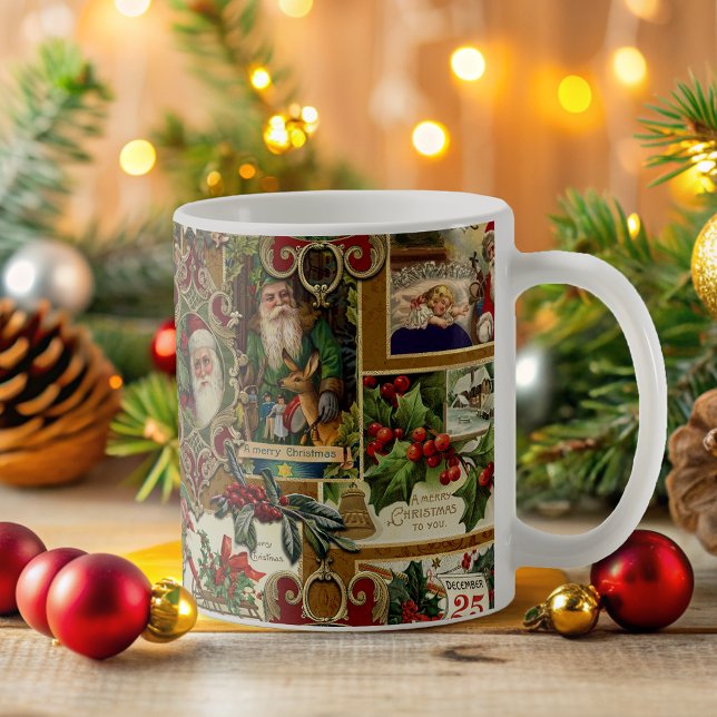 Caneca De Café Natais vintages Festivos Ephemera Dourado (Criador carregado)