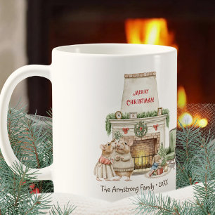 Caneca De Café Natal à Beira da Lareira com Ratos em Aquarela Aco