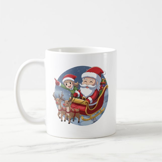 Caneca De Café Natal Adorável Chibi Papai Noel e Elfo – Ilustraçã (Esquerda)