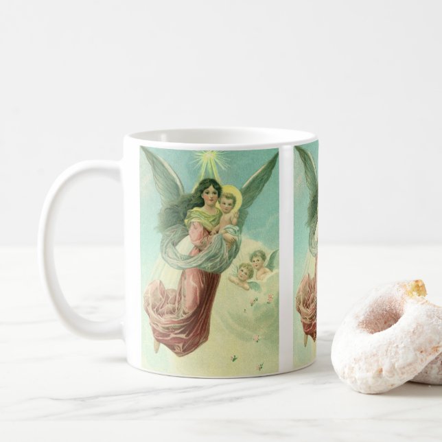 Caneca De Café Natal Antigo, Anjo Vitoriano com Menino Jesus (Com Donut)