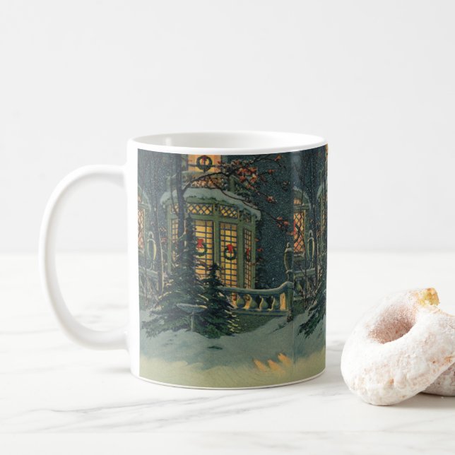Caneca De Café Natal Antigo, Casa com Grinaldas nas Janelas (Com Donut)