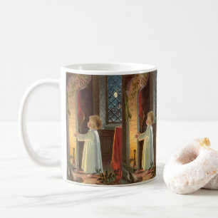 Caneca De Café Natal Antigo, Criança se Aquecendo pela Lareira