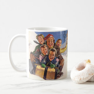Caneca De Café Natal Antigo, Família Feliz Deslizando em Trenó