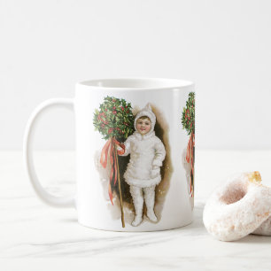 Caneca De Café Natal Antigo, Menina Vitoriana com Azevinho