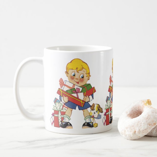 Caneca De Café Natal Antigo, Menino com Presentes e Cachorrinho (Com Donut)
