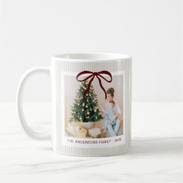 Caneca De Café Natal Clássico com Listras Bege e Laço Vermelho