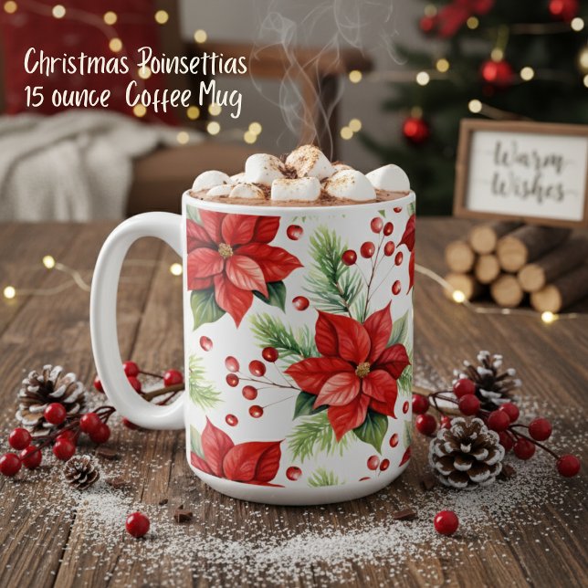 Caneca De Café Natal clássico vermelho e verde Feriado de Poinset (Classic Red & Green Christmas Poinsettias Holiday 15 ounce  Coffee Mug)