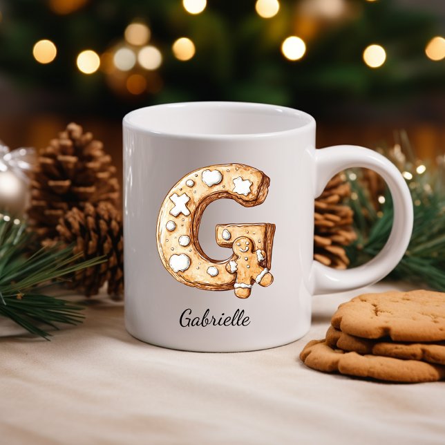 Caneca De Café Natal com Monograma de Pão de Mel Personalizado (Personalized Gingerbread Monogram Initial G Coffee Mug)