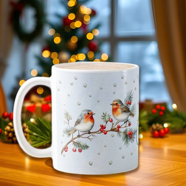 Caneca De Café Natal com ramo de pássaros robin e bagas (Criador carregado)