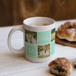 Caneca De Café Natal da Colagem de Fotos do Monograma Verde Moder<br><div class="desc">Esta caneca monográfica apresenta seis imagens e está numa cor verde pastel de menta. As seguintes citações são alegria,  Feliz Natal,  alegria e amor.</div>