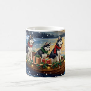 Caneca De Café Natal de barco de Husky Siberiano no Natal