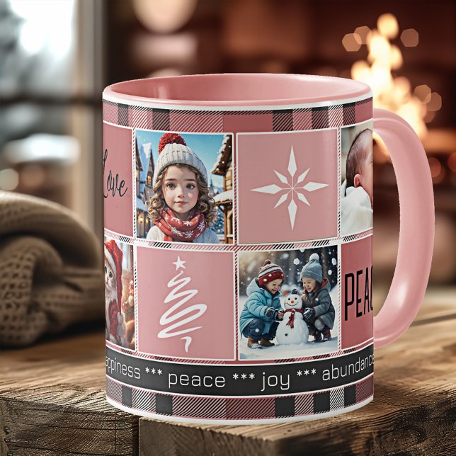 Caneca De Café Natal de Xadrez rosa doce com 5 fotos (Christmas mug featuring 5 custom photos on a sweet pink plaid design with tree and snowflake outline)
