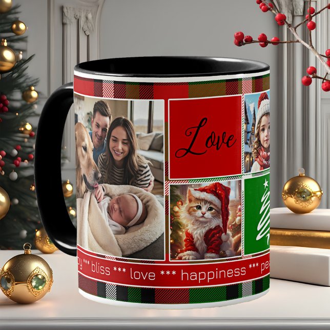 Caneca De Café Natal de Xadrez Vermelha Verde com 5 Fotos Persona (Christmas mug featuring 5 custom photos on a green red plaid design with tree and snowflake outlines)
