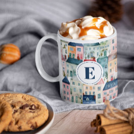 Caneca De Café Natal do Monograma Casas Coloridas Feriado