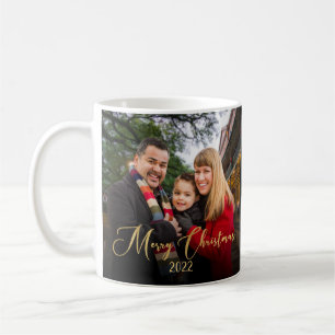 Caneca De Café Natal Dourado de Script de Foto Personalizado da F