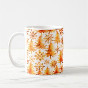 Caneca De Café Natal Dourado, pinheiros dourados e flocos de neve