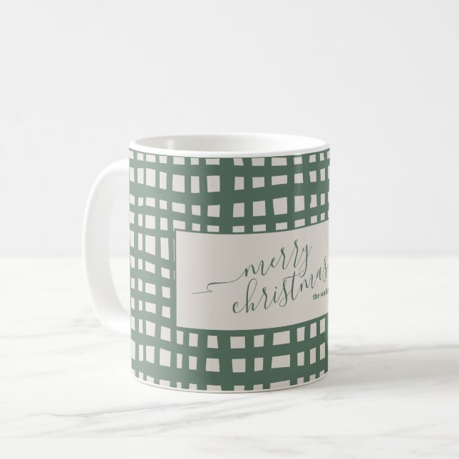 Caneca De Café Natal elegante xadrez marfim Sage (Frente Esquerda)