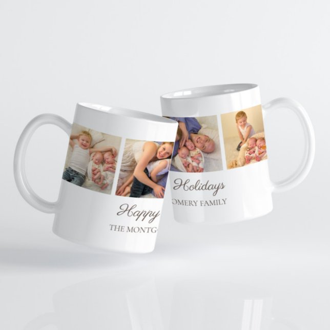 Caneca De Café Natal feliz para a colagem de fotos da família 3 (3-photo "Happy Holidays" Christmas photo mug with custom text.)