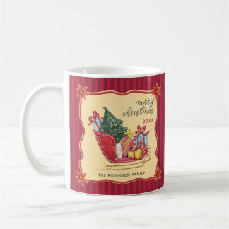 Caneca De Café Natal Feliz Vintage Trenó Listras Vermelhas