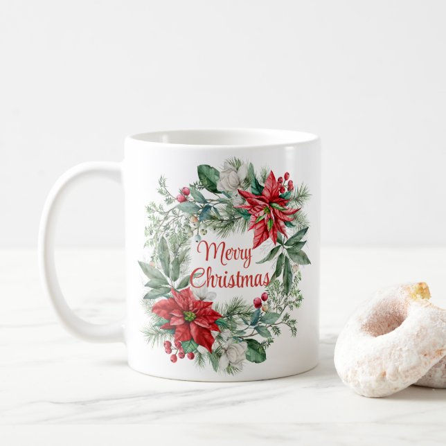 Caneca De Café Natal Floral Poinsettia Wreath Feliz Natal (Com Donut)