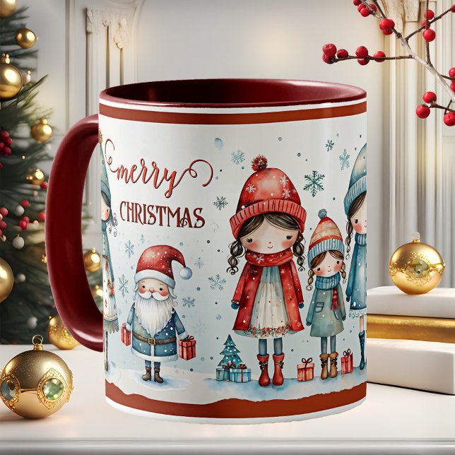 Caneca De Café Natal Fofo e Caprichoso para Garotas (Christmas mug featuring a whimsical illustration of cute girls and Santa with gifts)