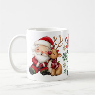 Caneca De Café Natal fofo em aquarela com Papai Noel e Rena