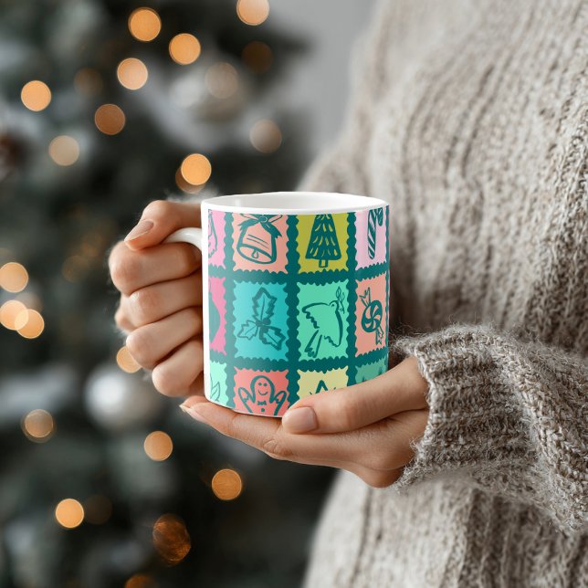 Caneca De Café Natal Grid Caprichoso Fofo e Brilhante (Whimsical Christmas Grid Cute Bright Holiday Coffee Mug
)