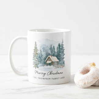 Caneca De Café Natal Manuscrito Cabana Aquarela Inverno Aconchega