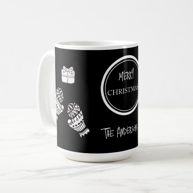 Caneca De Café Natal Moderno Preto e Branco Personalizado (Frente Esquerda)
