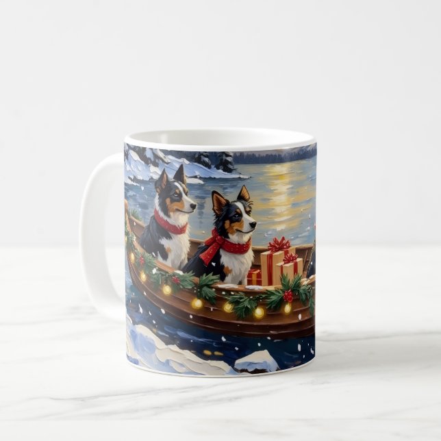 Caneca De Café Natal no barco com Border Collie (Frente Esquerda)