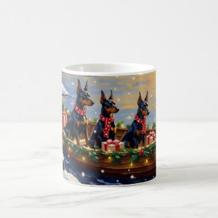 Caneca De Café Natal no barco com Doberman Pinscher