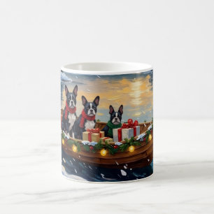 Caneca De Café Natal no Barco do Boston Terrier