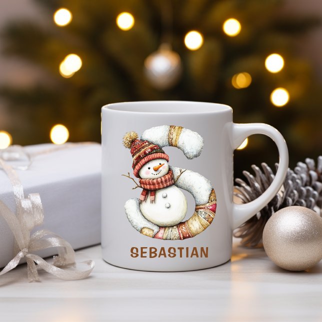 Caneca De Café Natal Personalizado Boneco de Neve Monograma S (Personalized Cute Snowman Monogram S Christmas Coffee Mug)