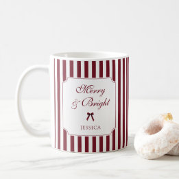 Caneca De Café Natal Personalizado com Listras Vermelhas e Letra