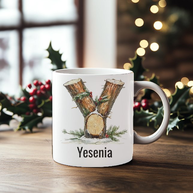 Caneca De Café Natal Personalizado de Madeira com Monograma Y (Personalized Woodland Log Monogram Y Christmas Coffee Mug)