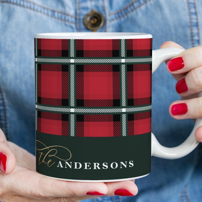 Caneca De Café Natal personalizado do tartan tradicional vermelho (Criador carregado)