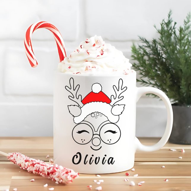 Caneca De Café Natal Personalizado - Reindeer Face Natal (Criador carregado)