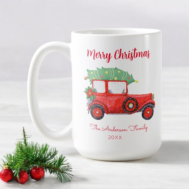 Caneca De Café Natal Red Truck Tree White Xmas (Criador carregado)