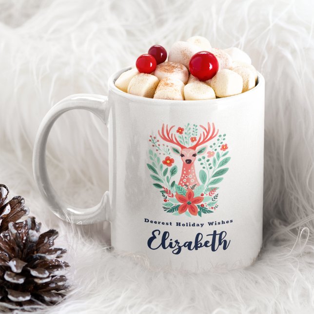 Caneca De Café Natal Reindeer Férias Florais (Criador carregado)