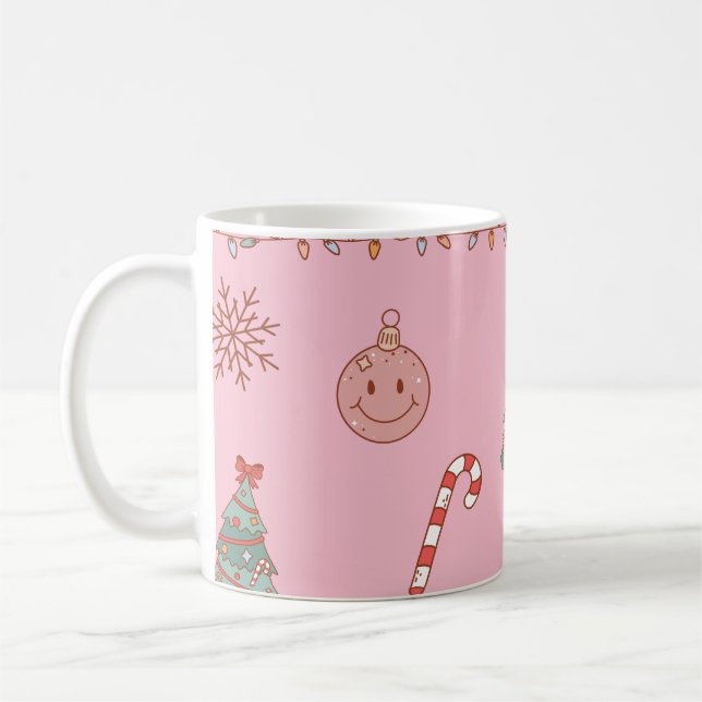 Caneca De Café Natal Rosa Pastel Fofo e Retrô (Esquerda)