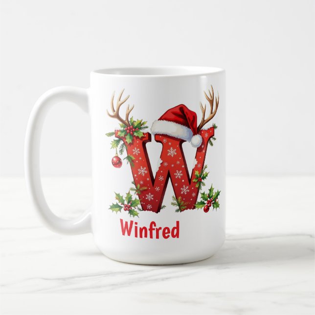 Caneca De Café Natal sofisticado Monograma inicial W Feliz Natal  (Esquerda)