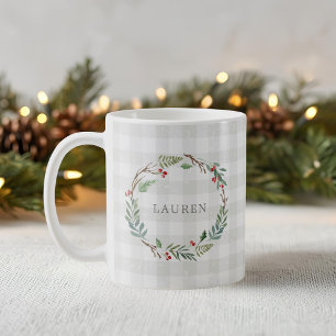Caneca De Café Natal Winter Berries Wreath Monograma